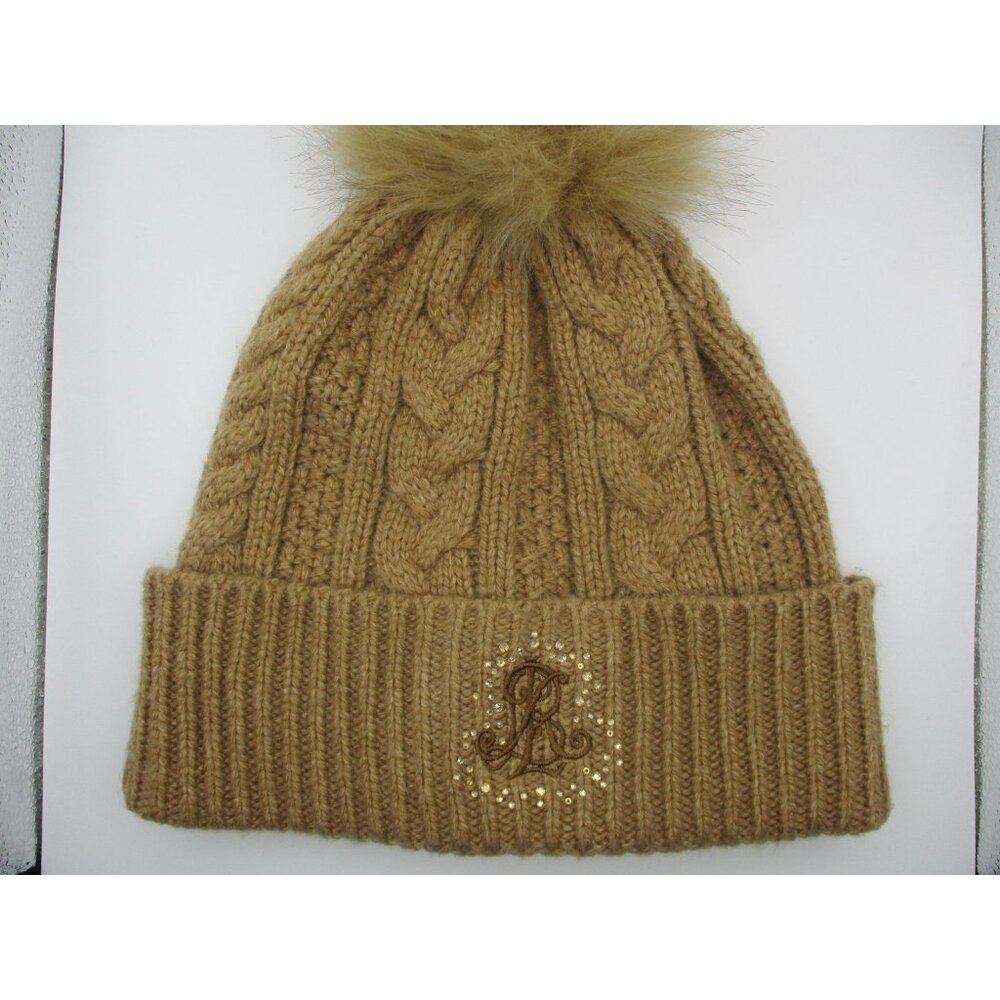 Lauren Ralph Lauren Black Label Tan Knit Beanie W/‎ Pom & Sequined Logo  Womens